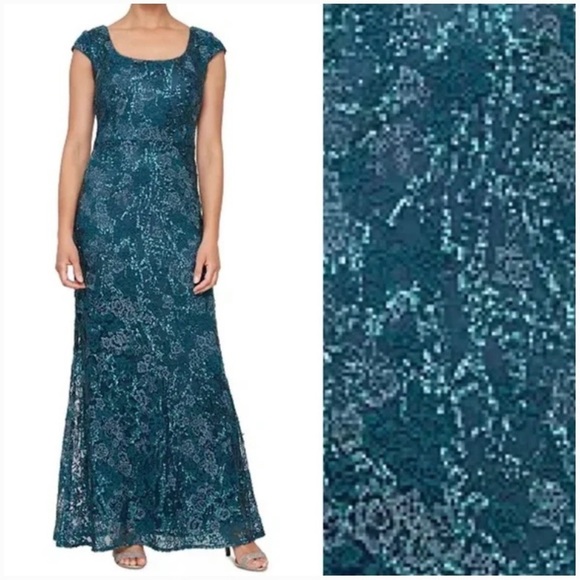 Alex Evenings Cap Sleeve Scoop Neck Embroidered Sequined Gown in Peacock - Picture 3 of 3